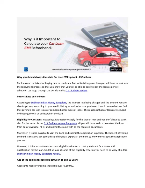 Why you should always Calculate Car Loan EMI Upfront - CS Sudheer