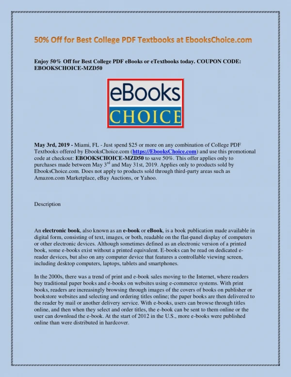 50% Off for Best College PDF Textbooks at EbooksChoice.com