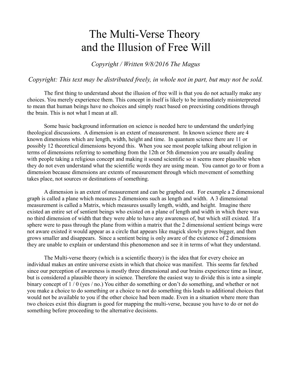 the multi verse theory and the illusion of free