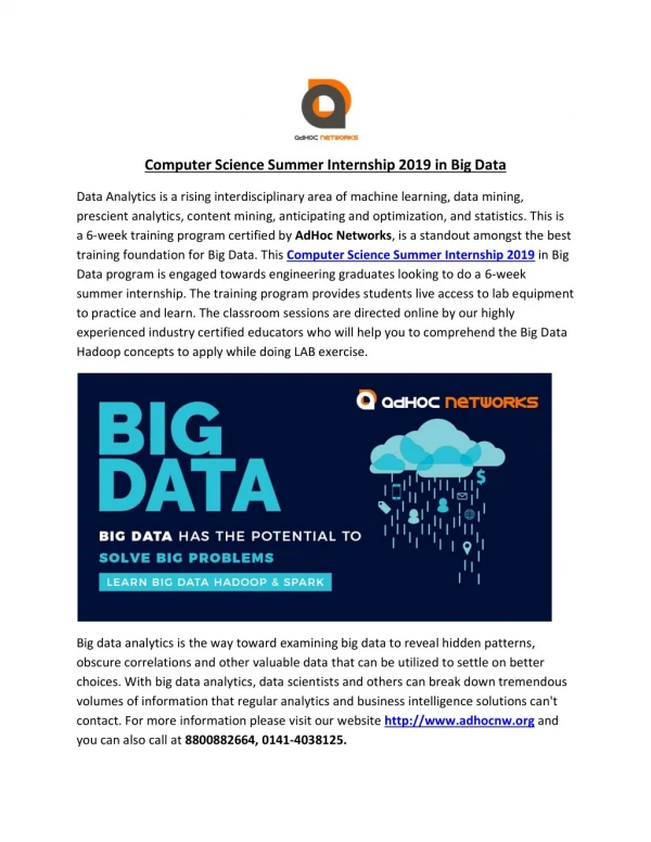 Computer Science Summer Internship 2019 in Big Data