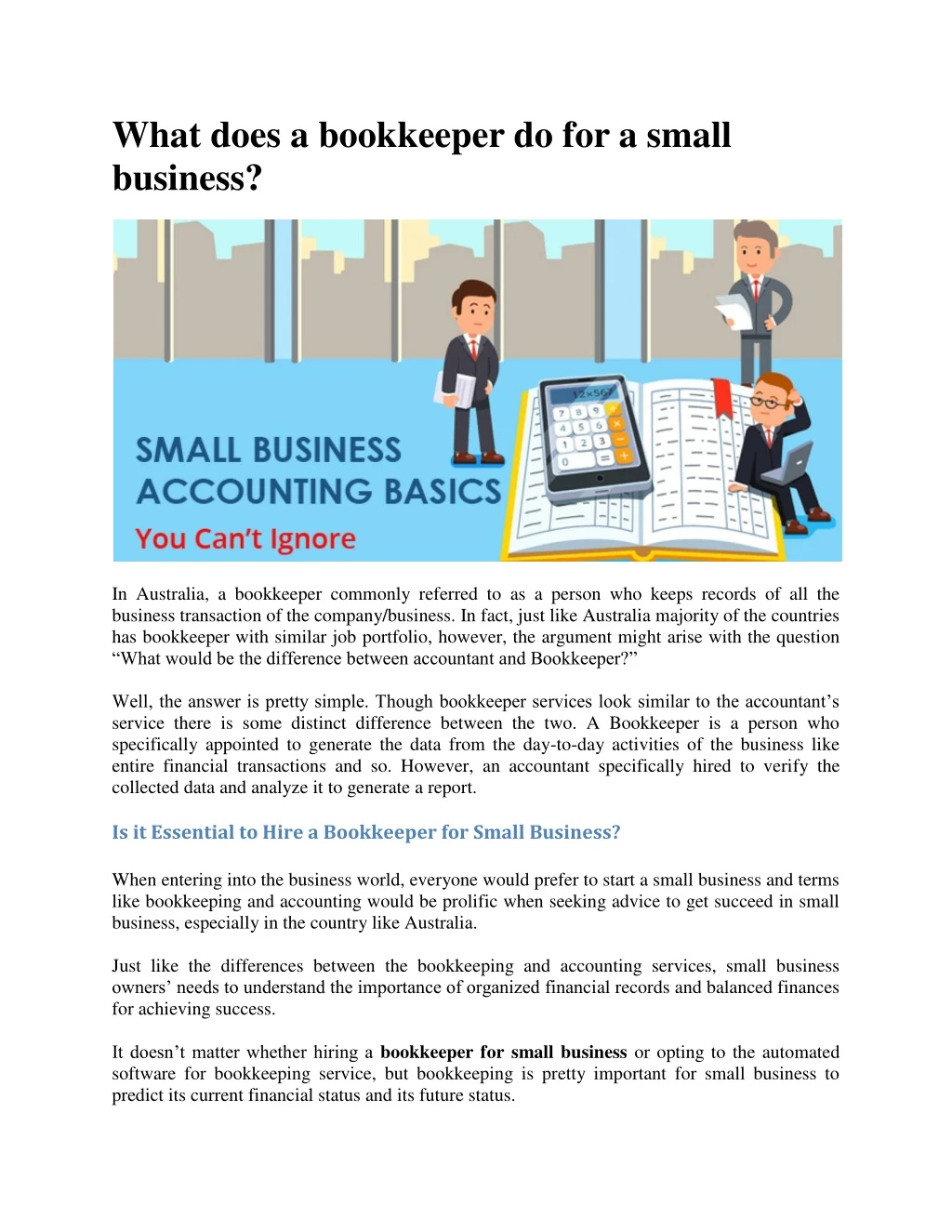 what does a bookkeeper do for a small business