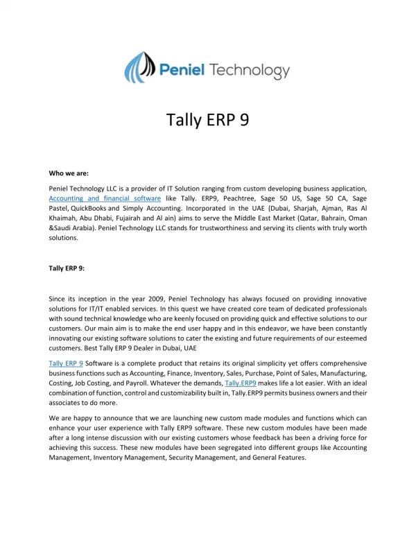 Tally ERP 9 | Tally ERP 9 Software - Peniel Technology