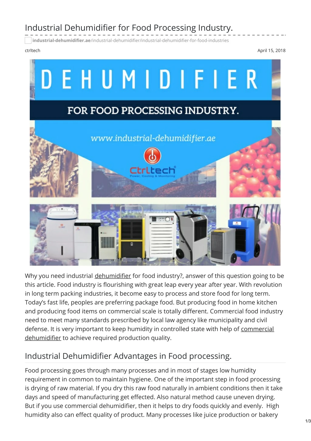 industrial dehumidifier for food processing