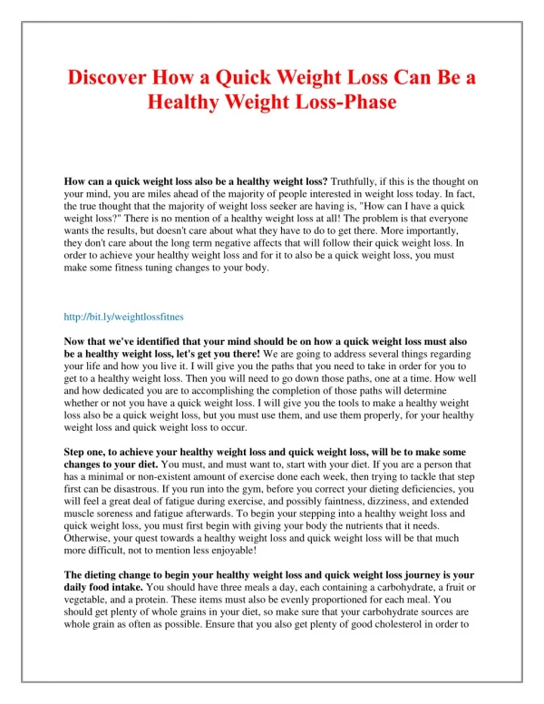Discover How a Quick Weight Loss Can Be a Healthy Weight Loss