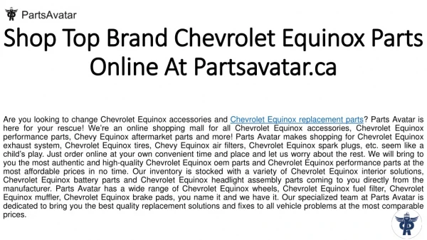 Shop Top Quality Chevrolet Equinox Parts Online at Parts Avatar.