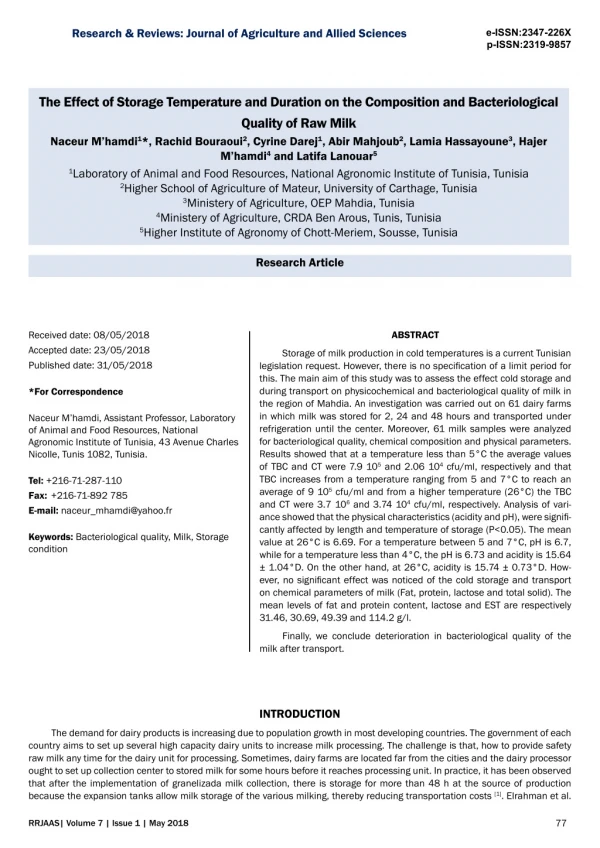 The Effect of Storage Temperature and Duration on the Composition and Bacteriological Quality of Raw Milk