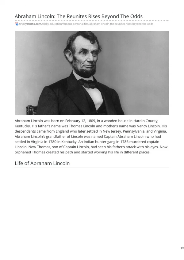 Abraham Lincoln: The Reunites Rises Beyond The Odds