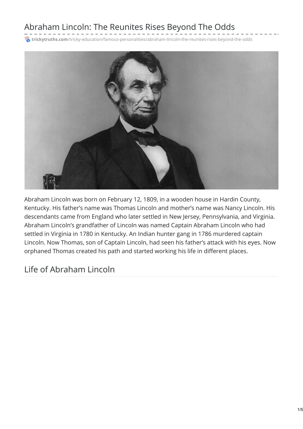 abraham lincoln the reunites rises beyond the odds