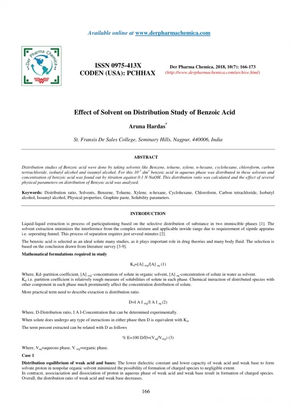 Effect of Solvent on Distribution Study of Benzoic Acid