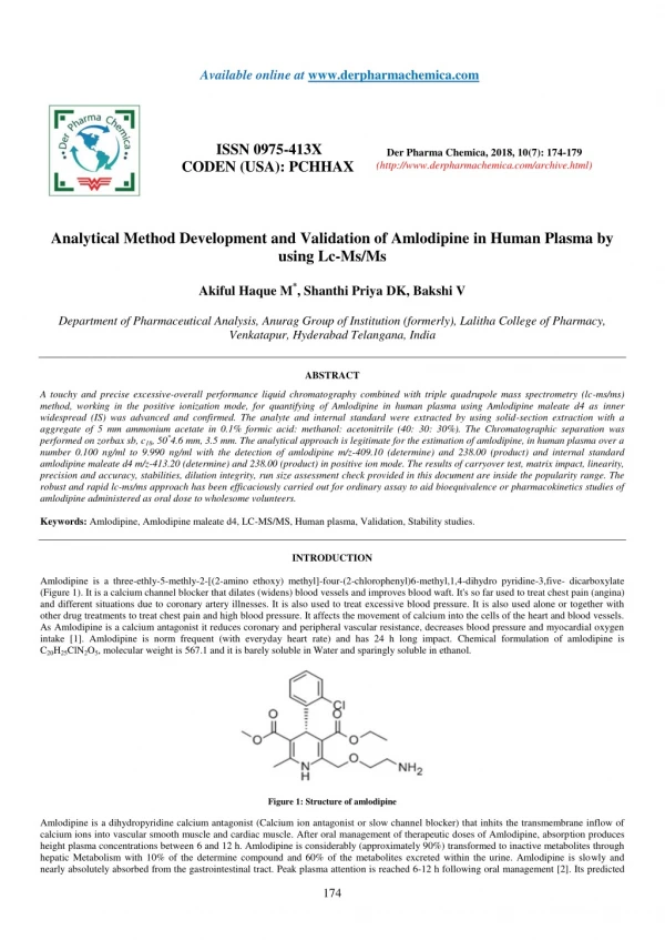 Analytical Method Development and Validation of Amlodipine in Human Plasma by using Lc-Ms/Ms