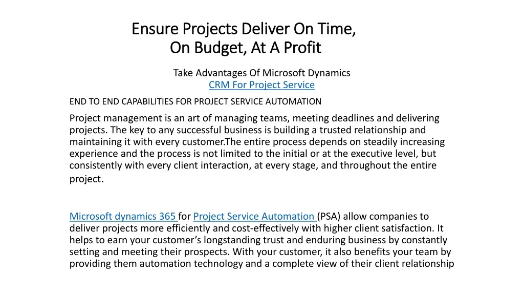 ensure projects deliver on time on budget at a profit