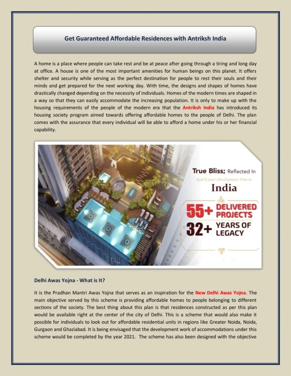 Get Guaranteed Affordable Residences with Antriksh India
