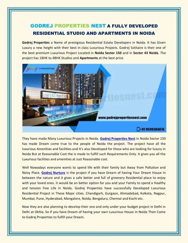 Godrej Properties Nest a fully Developed Residential Studio and Apartments in Noida