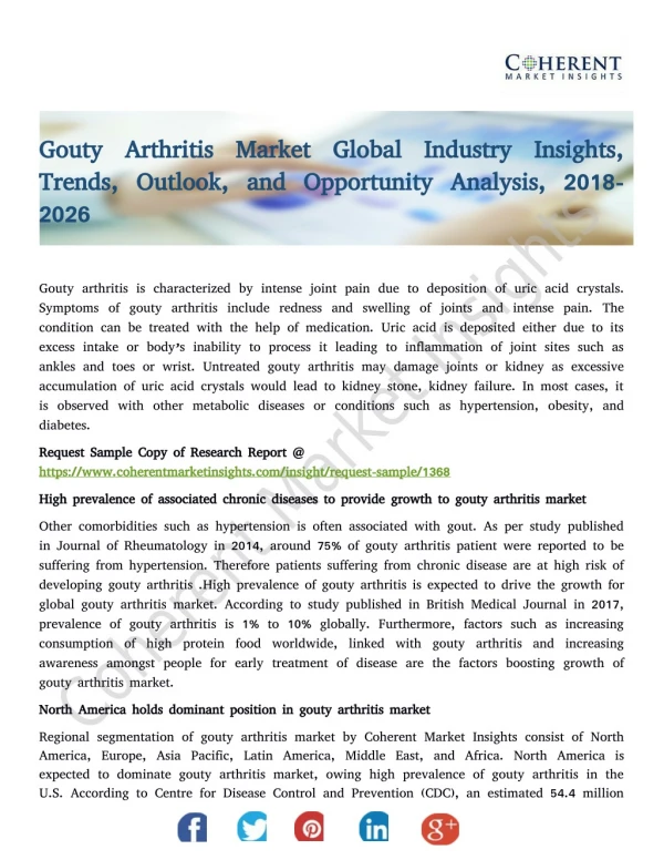 Gouty Arthritis Market Global Industry Insights, Trends, Outlook, and Opportunity Analysis, 2018-2026