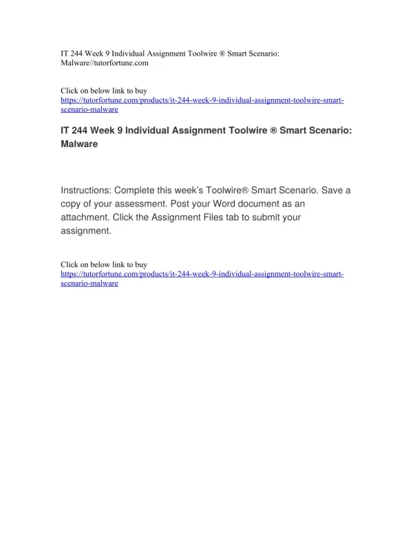 IT 244 Week 9 Individual Assignment Toolwire ® Smart Scenario: Malware//tutorfortune.com
