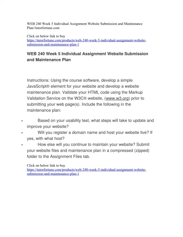 WEB 240 Week 5 Individual Assignment Website Submission and Maintenance Plan//tutorfortune.com