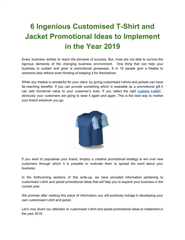 6 Ingenious Customised T-Shirt and Jacket Promotional Ideas to Implement in the Year 2019
