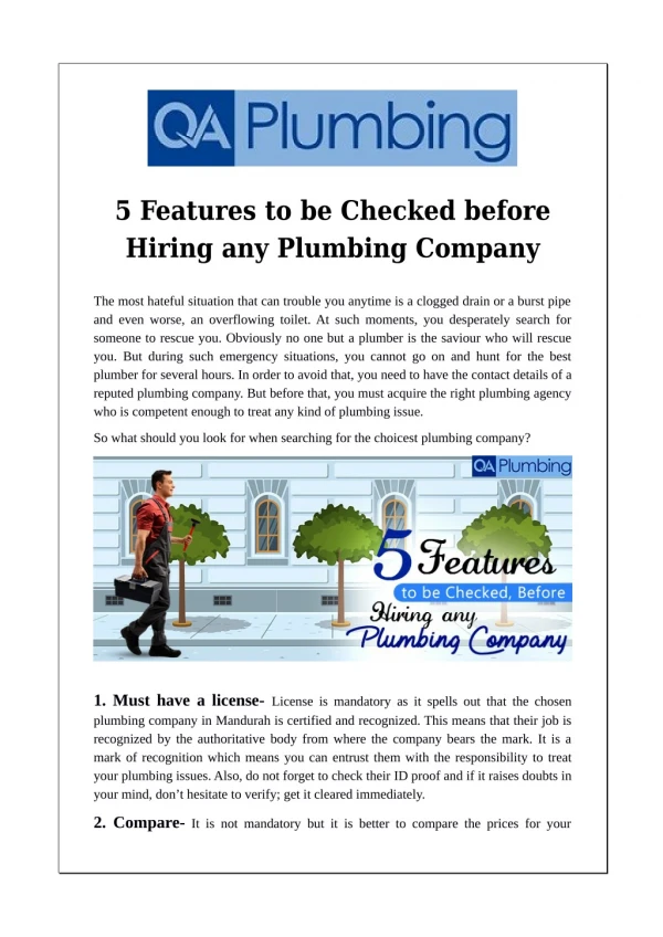5 Features to be Checked before Hiring any Plumbing Company