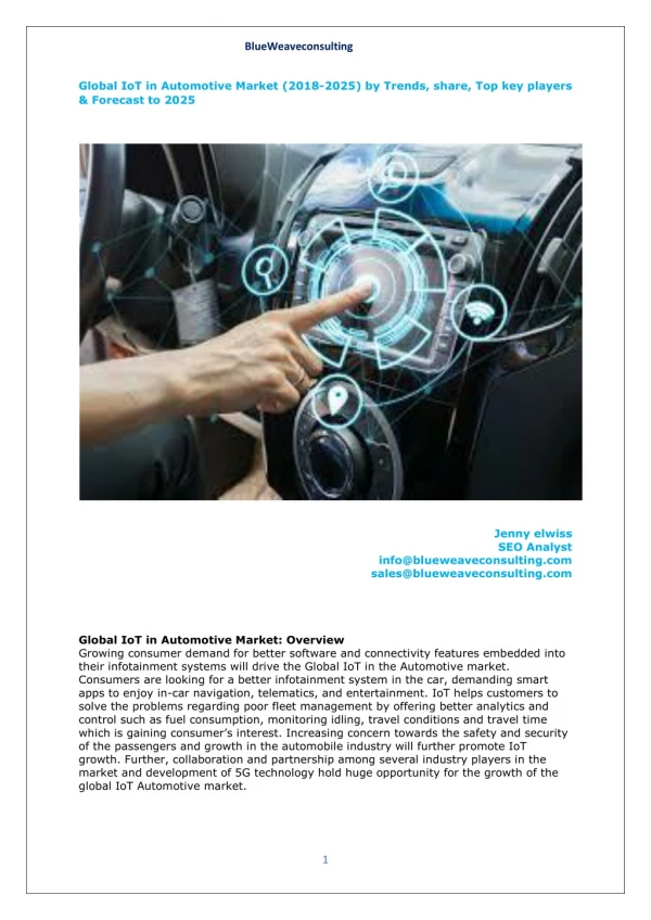 Global IoT in Automotive Worldwide: Market Dynamics and Trends, Efficiencies and Forecast 2025