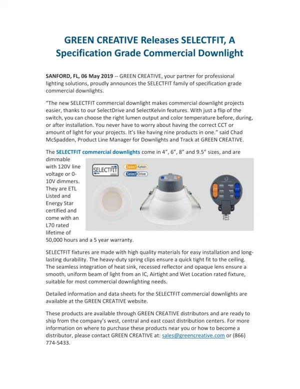 GREEN CREATIVE Releases SELECTFIT, A Specification Grade Commercial Downlight