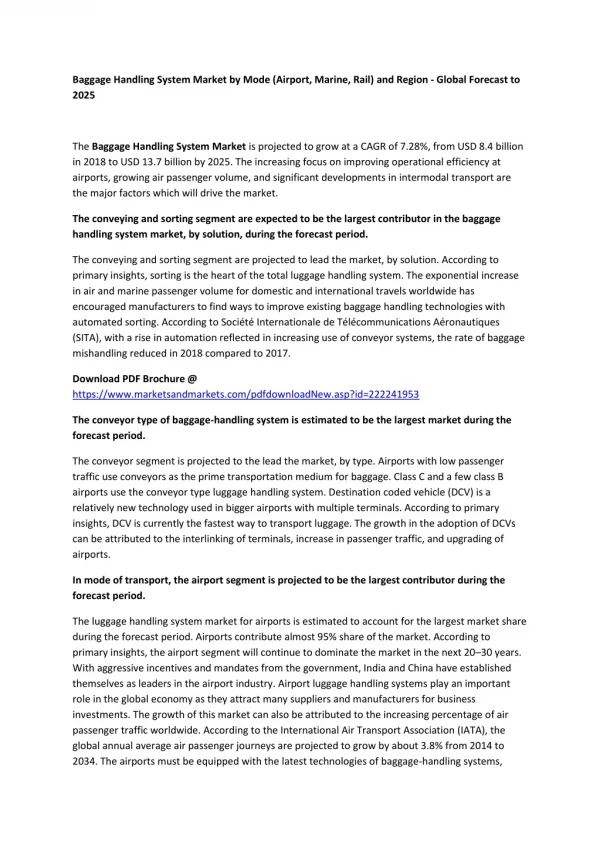 Baggage Handling System Market by Mode (Airport, Marine, Rail) and Region - Global Forecast to 2025