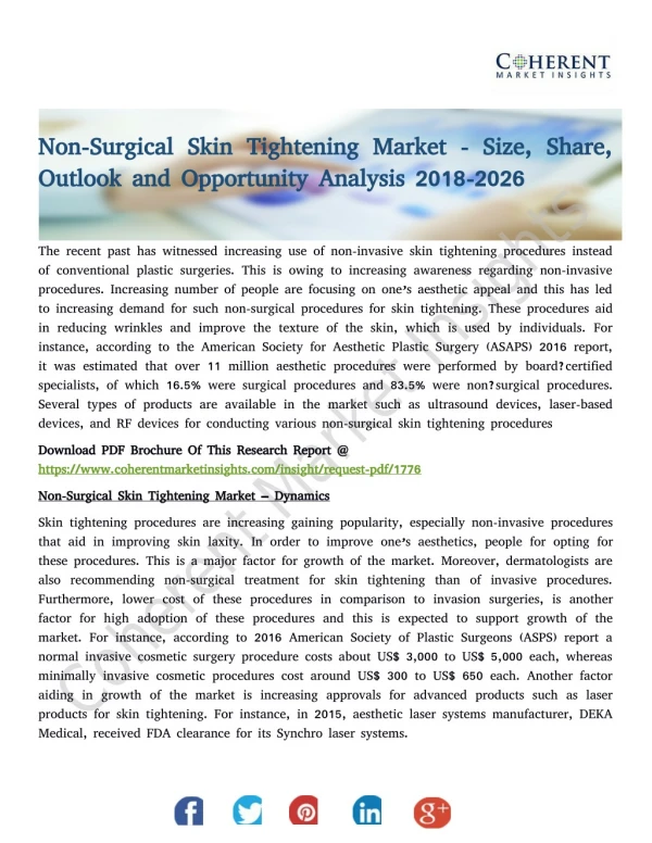 Non-Surgical Skin Tightening Market - Size, Share, Outlook and Opportunity Analysis 2018-2026