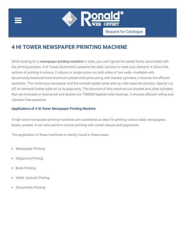 4 Hi Tower Newspaper Printing Machines Manufacturer