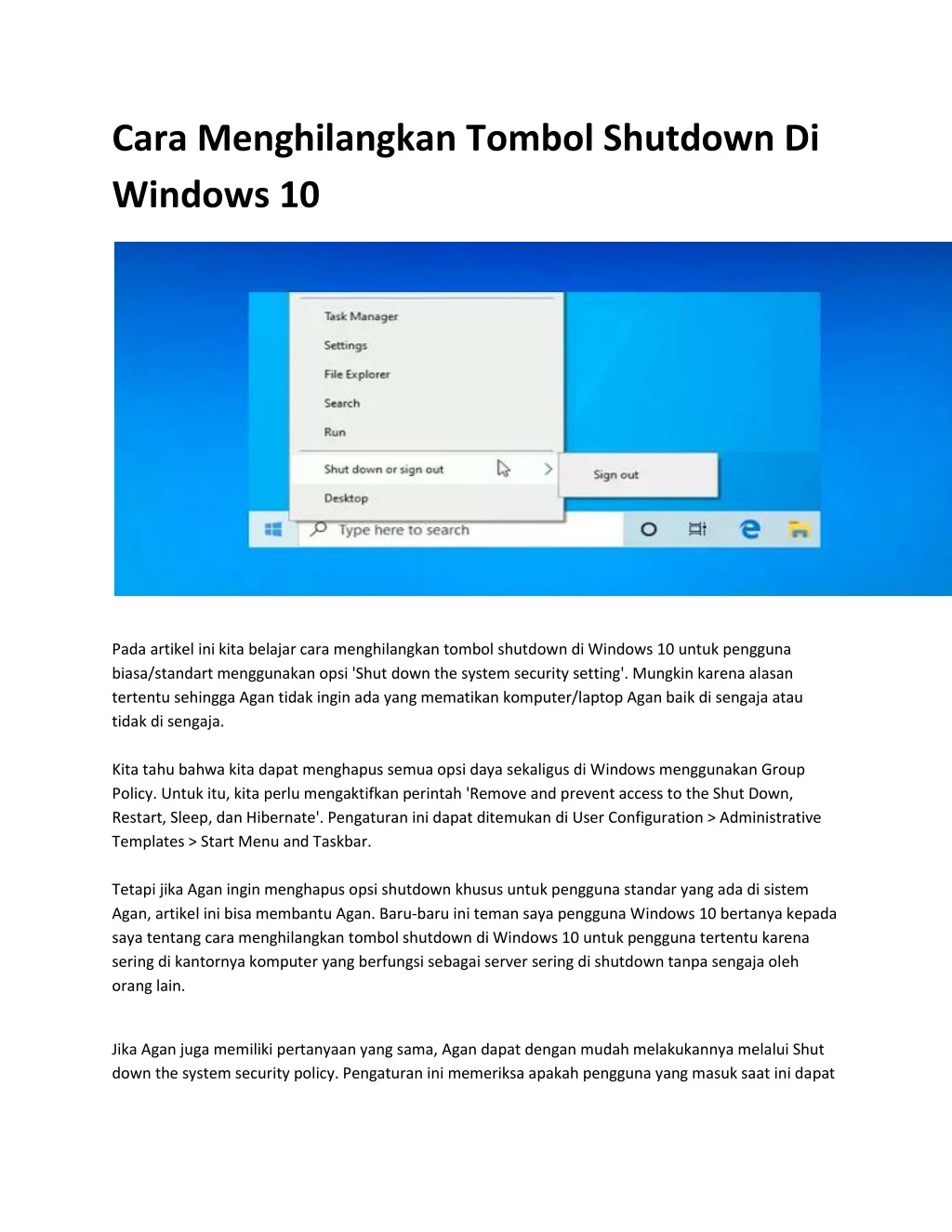 cara menghilangkan tombol shutdown di windows 10