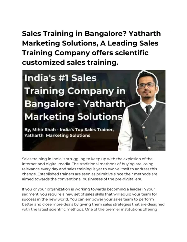 Sales Training in Bangalore? Yatharth Marketing Solutions, A Leading Sales Training Company offers scientific customized