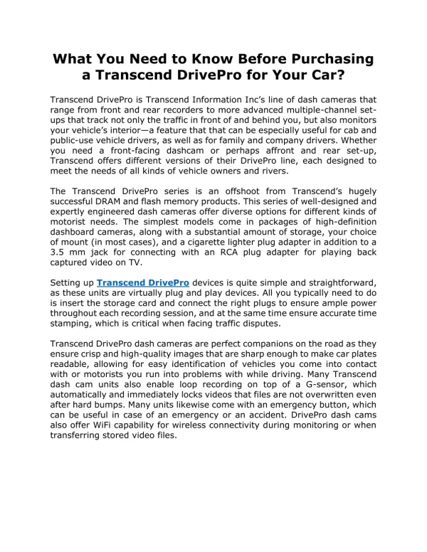 What You Need to Know Before Purchasing a Transcend DrivePro for Your Car?
