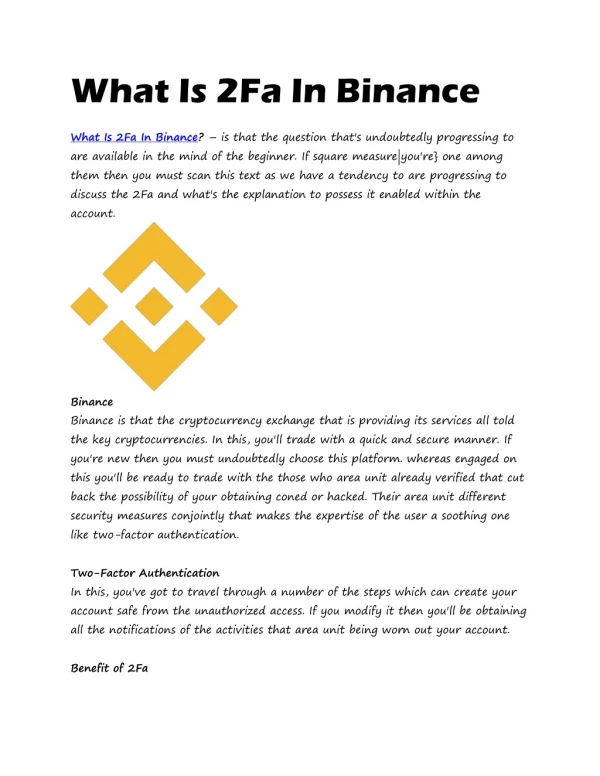 What Is 2fa In Binance