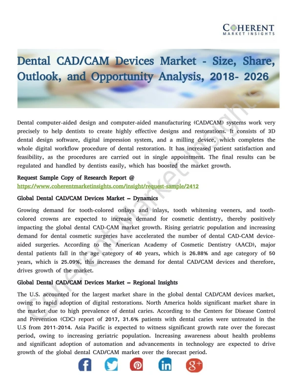Dental CAD/CAM Devices Market - Size, Share, Outlook, and Opportunity Analysis, 2018- 2026