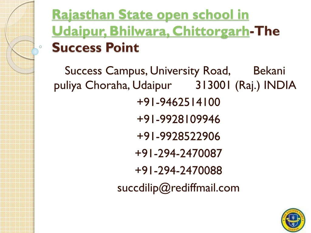 rajasthan state open school in udaipur bhilwara chittorgarh the success point