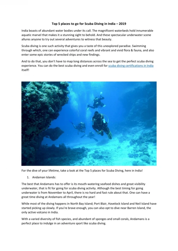 Top 5 places to go for Scuba Diving in India – 2019