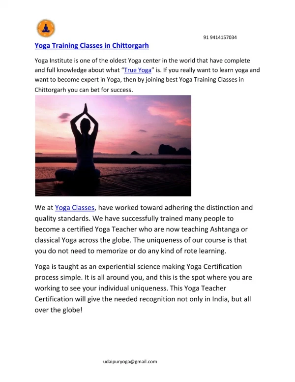 Yoga Training Classes in Chittorgarh