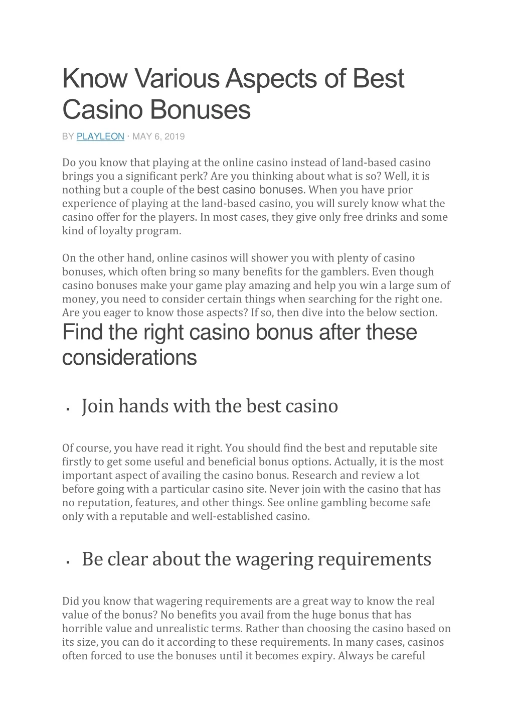 know various aspects of best casino bonuses