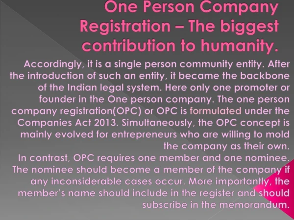 One Person Company Registration -The biggest contribution to humanity.