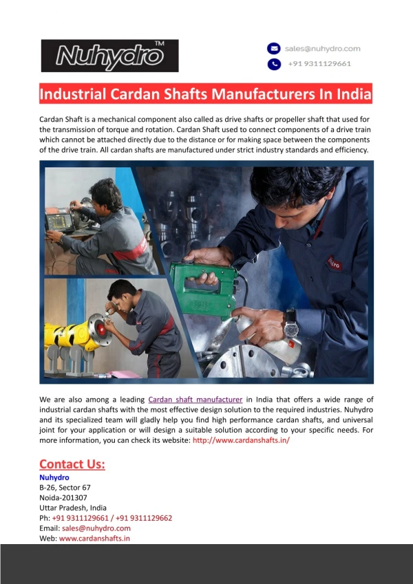 Industrial Cardan Shafts Manufacturer