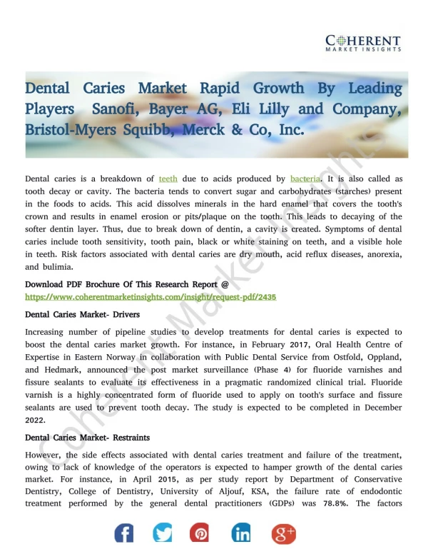 Dental Caries Market Rapid Growth By Leading Players Sanofi, Bayer AG, Eli Lilly and Company, Bristol-Myers Squibb, Mer