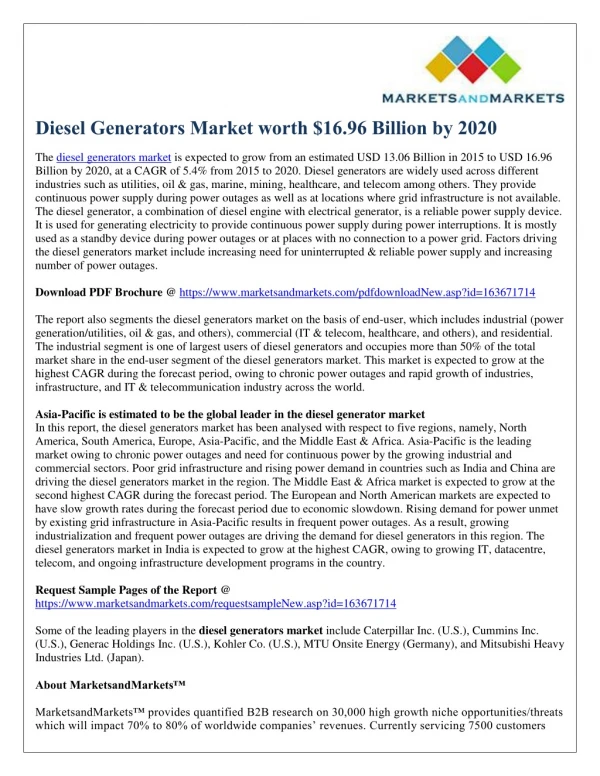 Diesel Generators Market worth $16.96 Billion by 2020