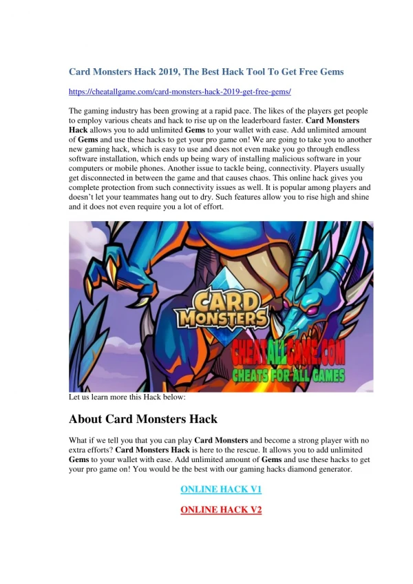 Card Monsters Hack 2019, The Best Hack Tool To Get Free Gems