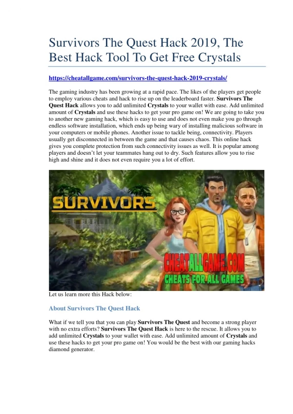 Survivors The Quest Hack 2019, The Best Hack Tool To Get Free Crystals