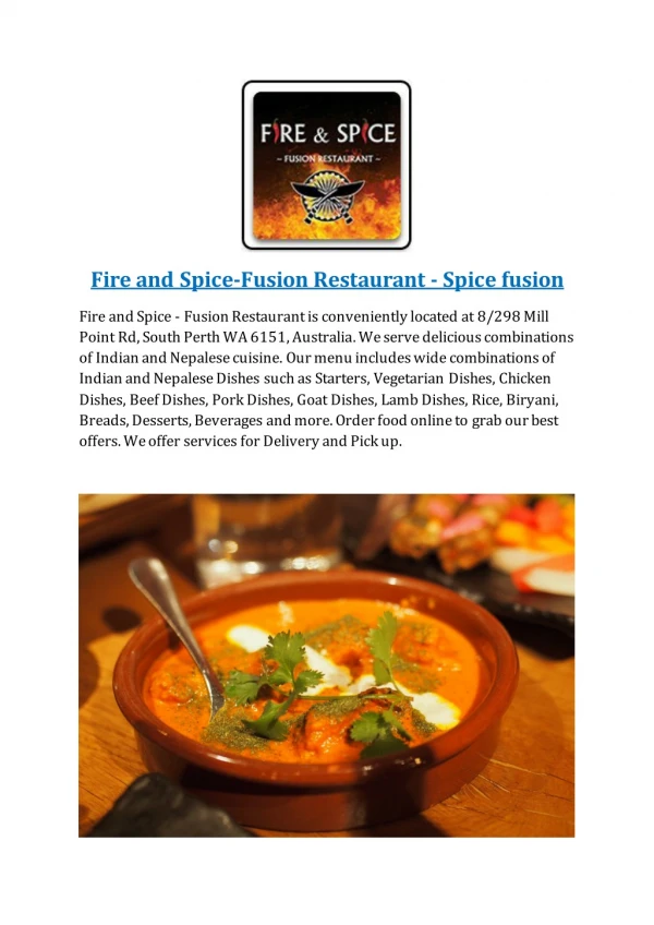 15% Off - Fire and Spice-Fusion Restaurant-South Perth - Order Food Online