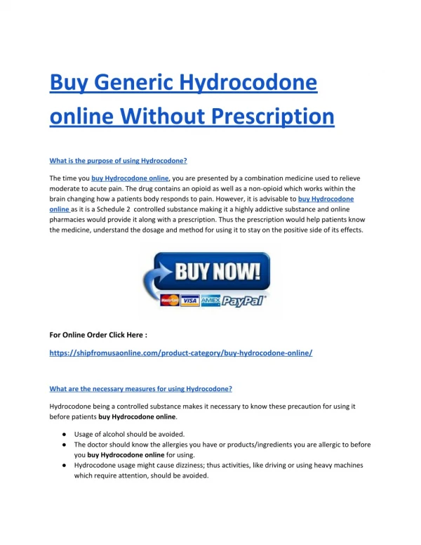 Buy Generic Hydrocodone online Without Prescription