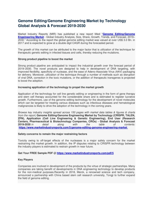 Genome Editing / Genome Engineering Market growth prospects share and supply demand analysis