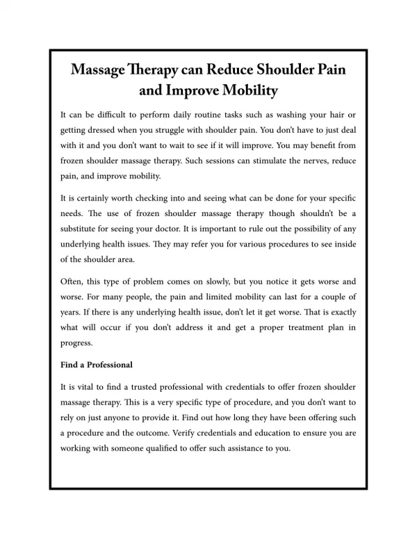 Massage Therapy can Reduce Shoulder Pain and Improve Mobility