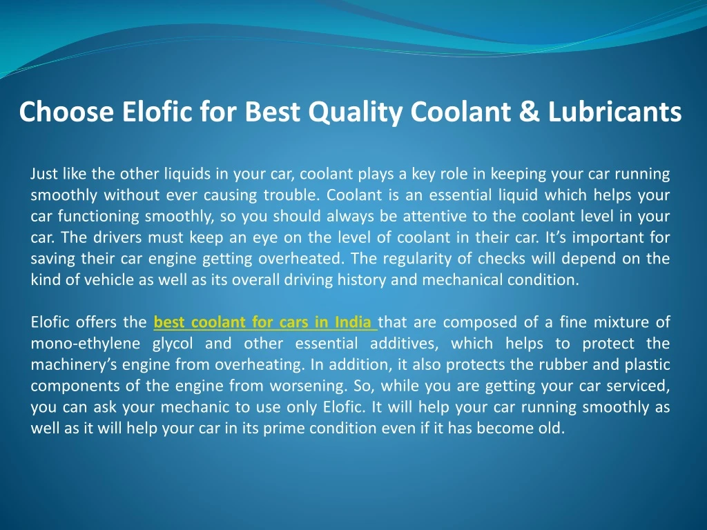 choose elofic for best quality coolant lubricants
