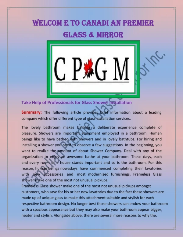 Glass Shower Installation Company Toronto, Glass Shower Enclosures Toronto - www.cpgmvaughan.com