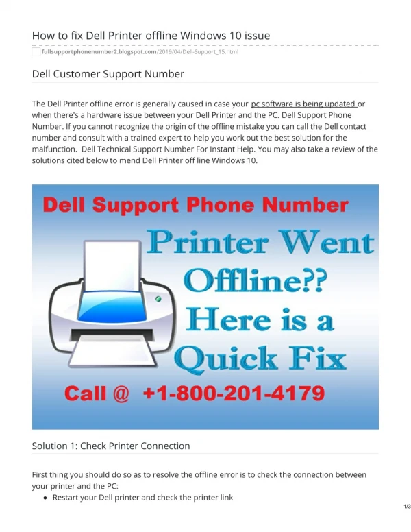 Dell Support Phone Number 1-800-201-4179 to Solve Problems for Dell Printer