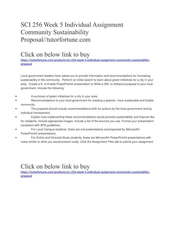 SCI 256 Week 5 Individual Assignment Community Sustainability Proposal//tutorfortune.com